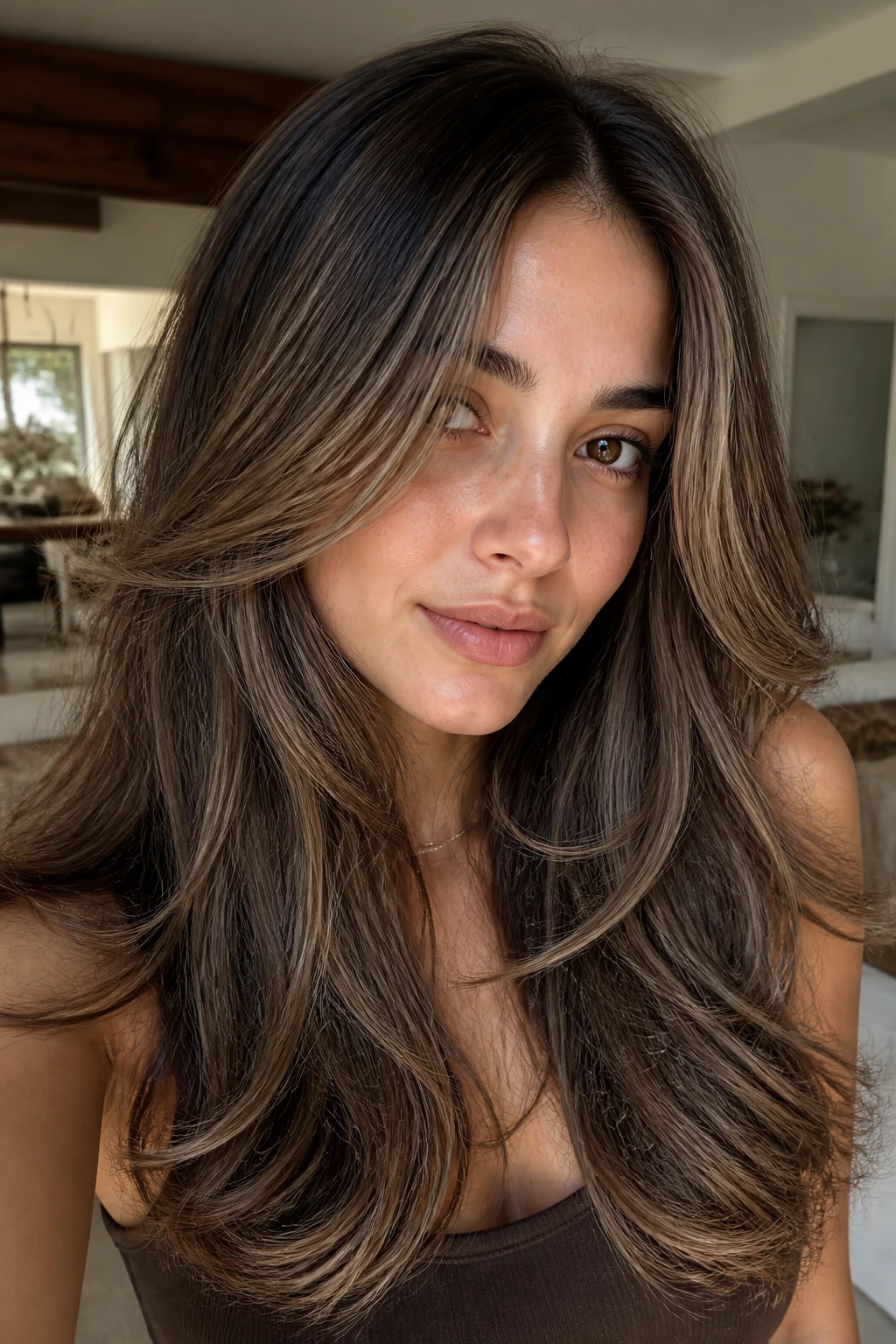 Close-up portrait of a real woman with Iced Mocha Brown layered hair.