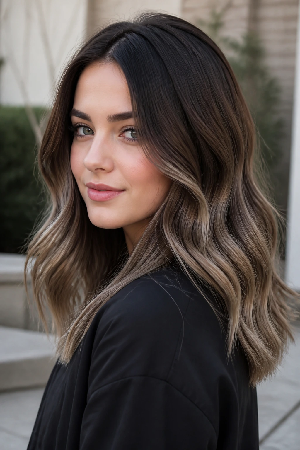 Real woman with iced mocha ends on neutral brunette base