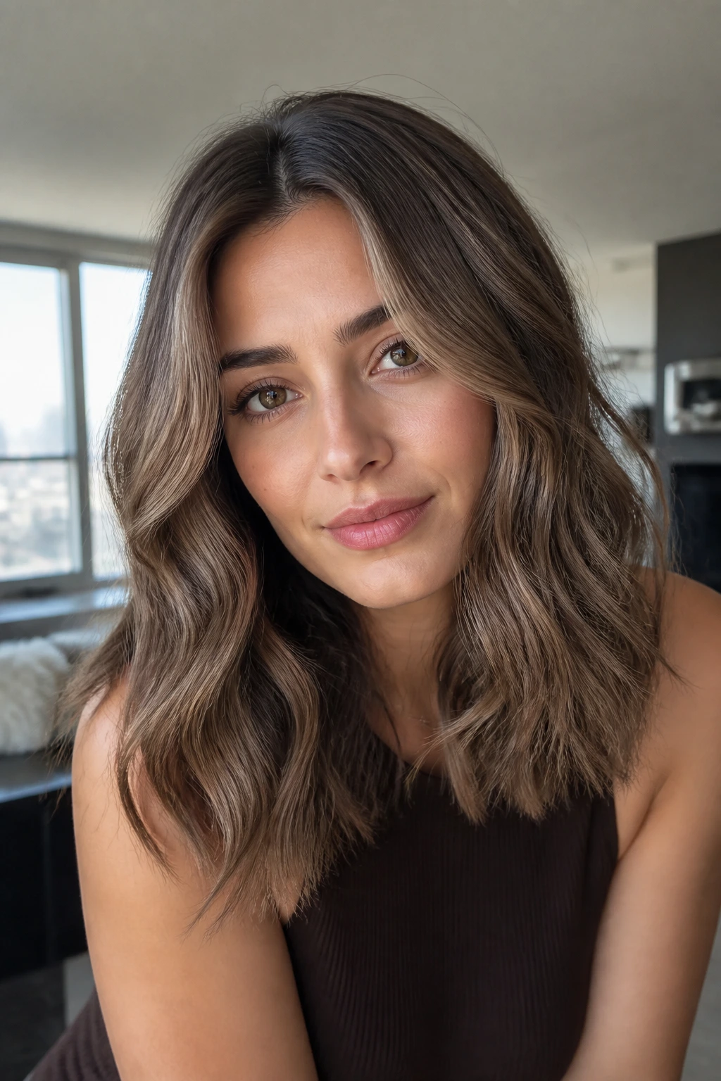 Portrait of a woman with iced mocha mid-length waves and face-framing layers
