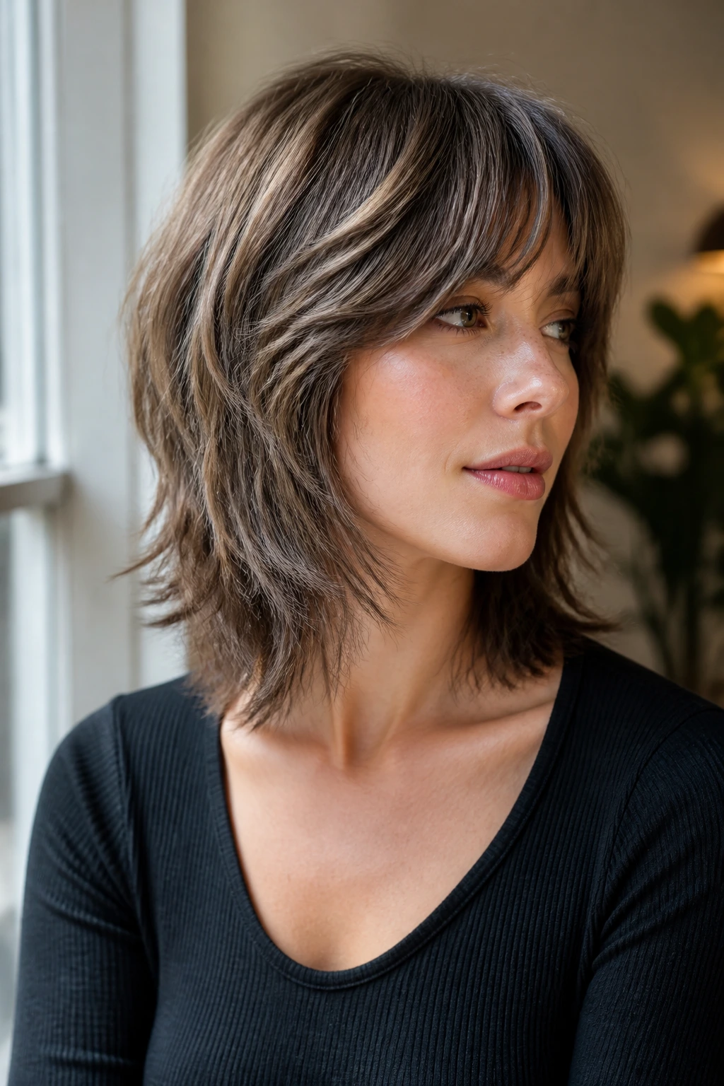 Close-up portrait of a real woman with an iced mocha shag in cool brunette tones showing layered movement