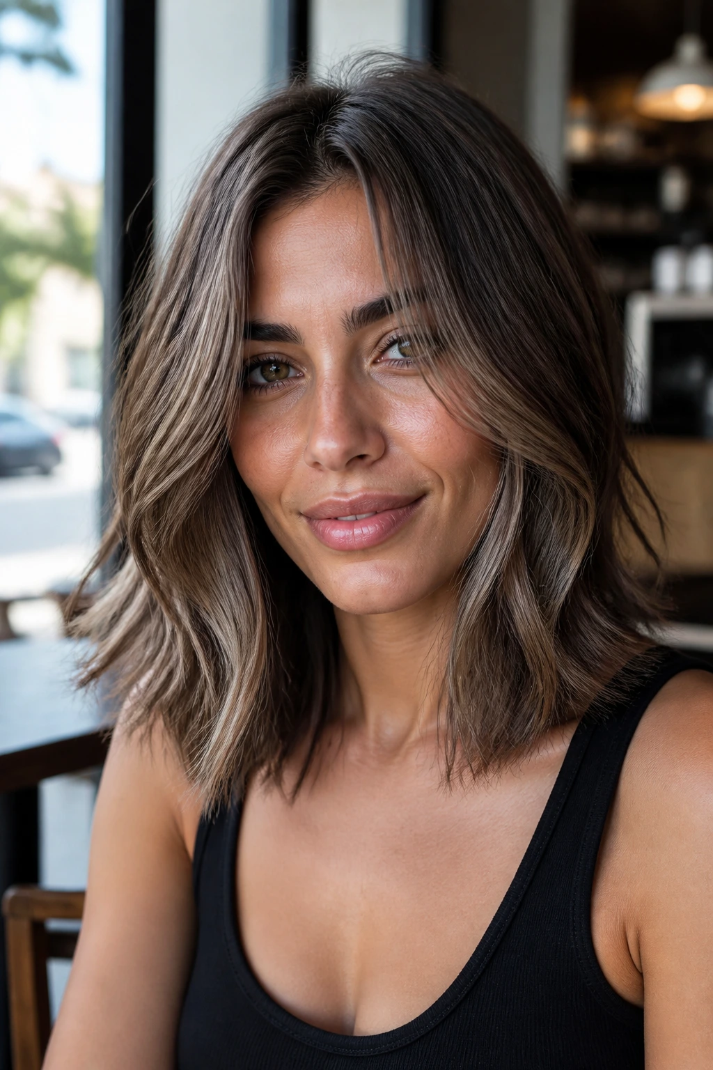 Real woman with iced mocha shoulder cut in cool daylight