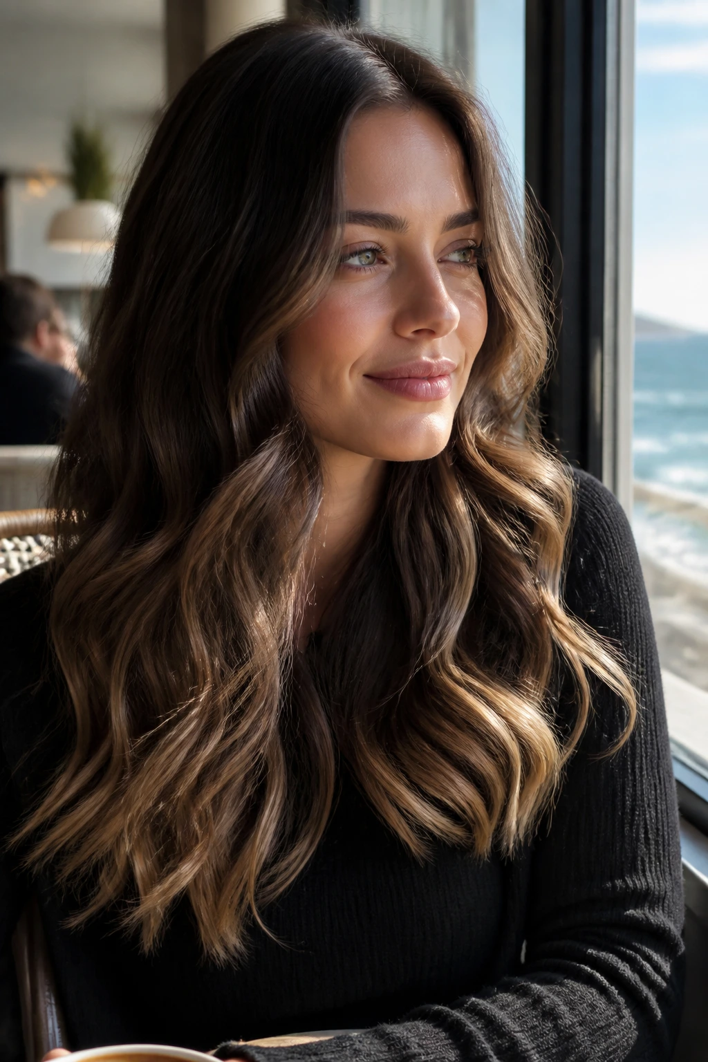Close-up portrait of a real woman with iced mocha waves and caramel tips