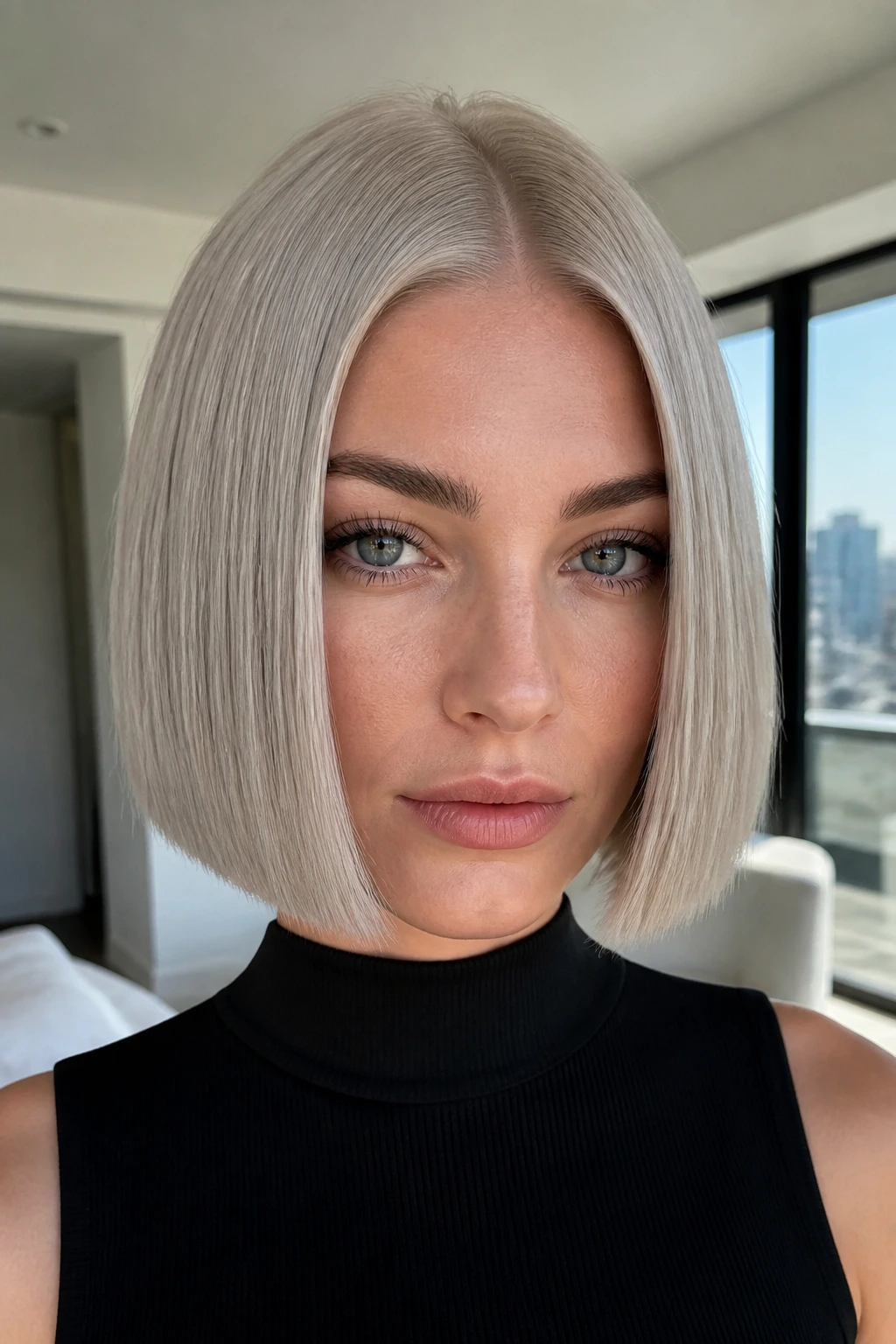 Close-up of a woman with a chin-length icy ash blonde bob with micro ends