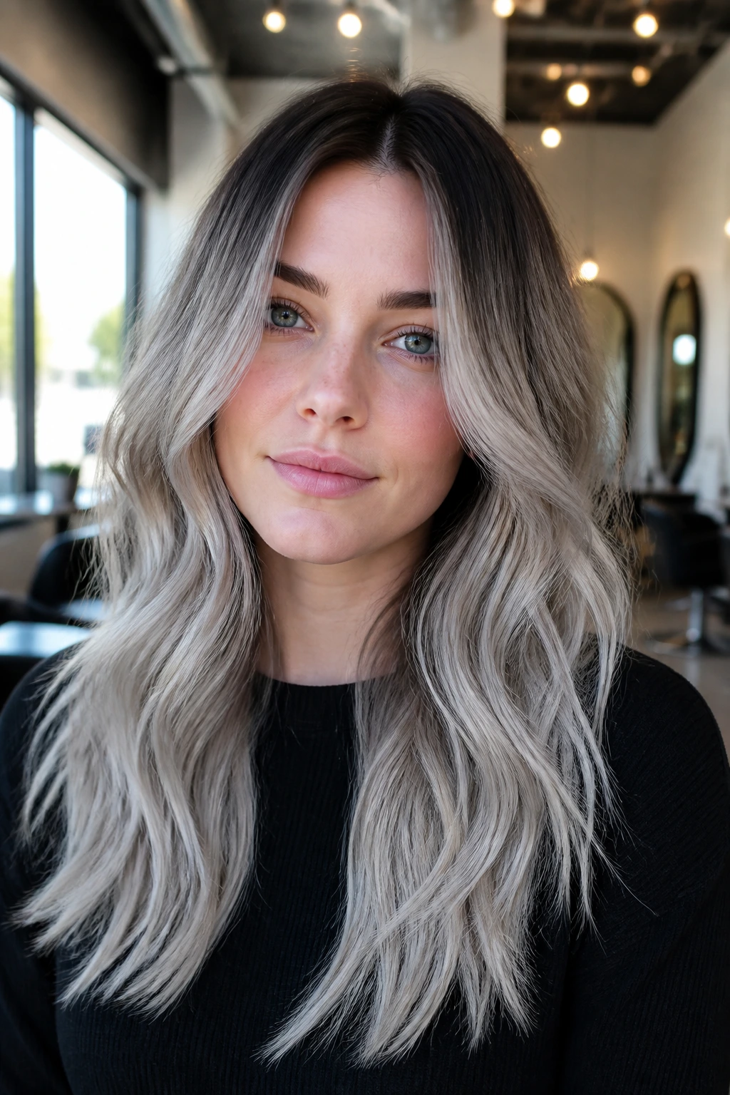 Portrait of a real woman with icy ash ombre hair and soft ends