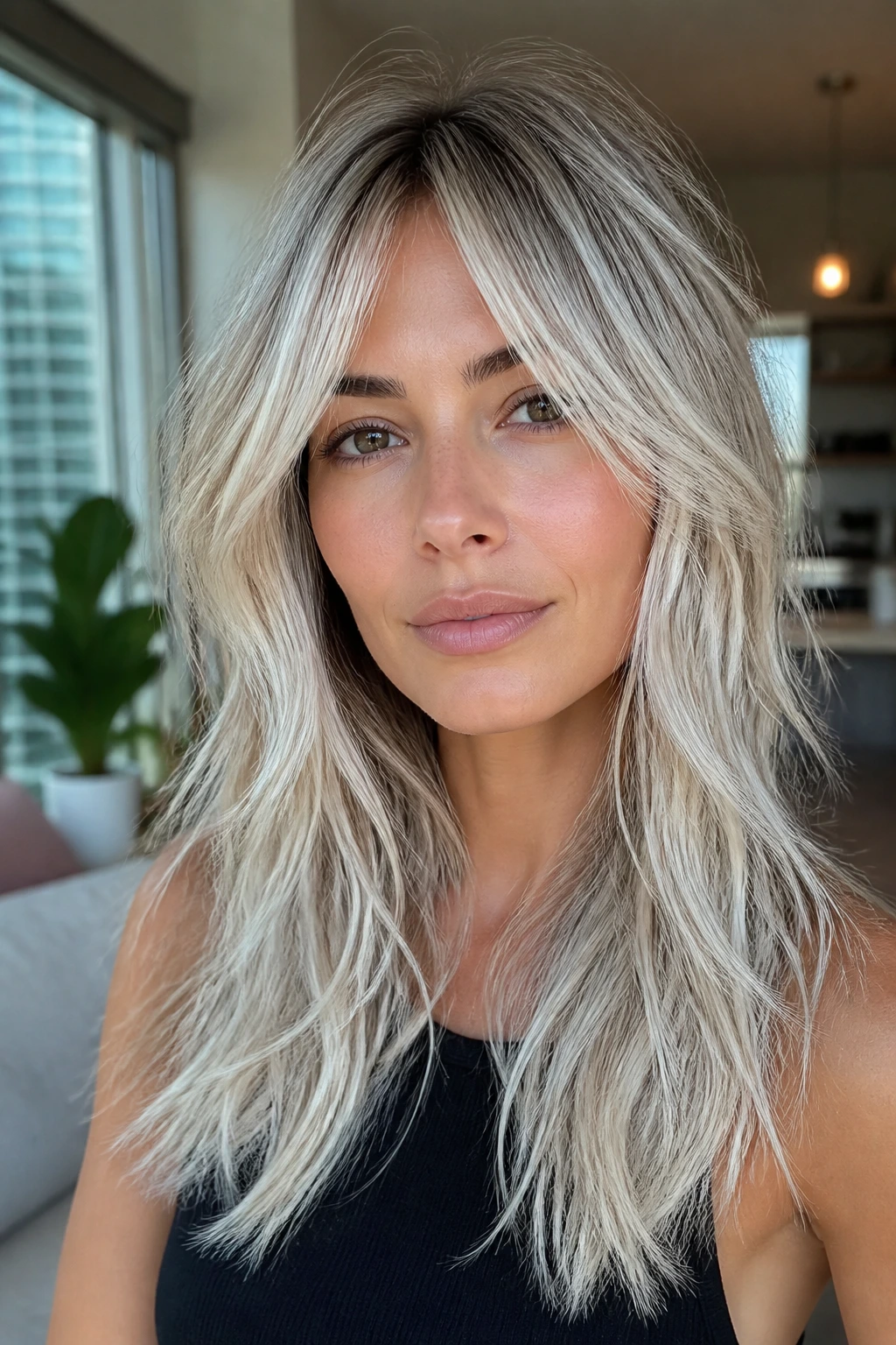 Real woman with icy balayage long shag in window-lit apartment