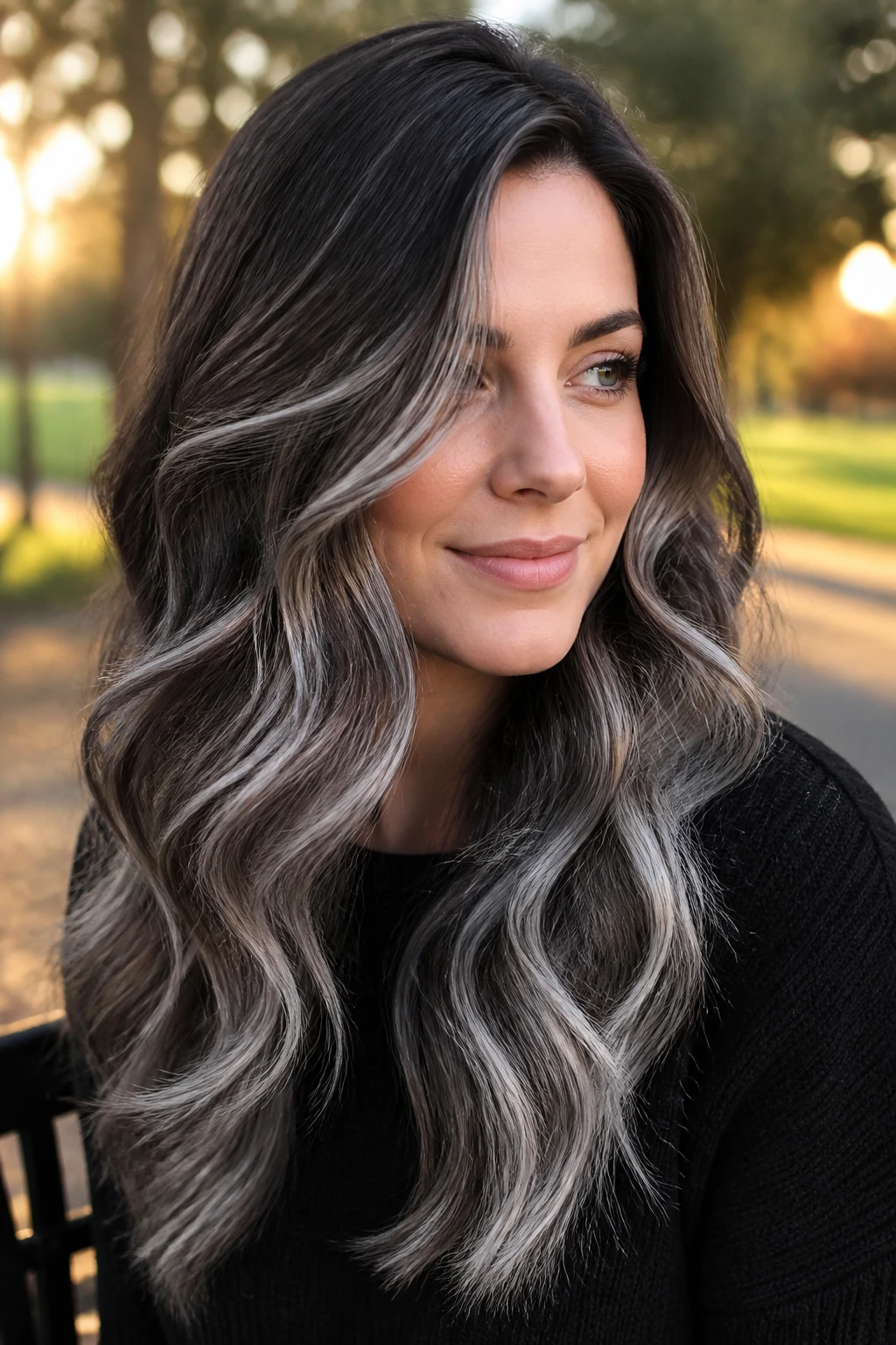Close-up of a real woman with icy balayage deep waves and silver highlights