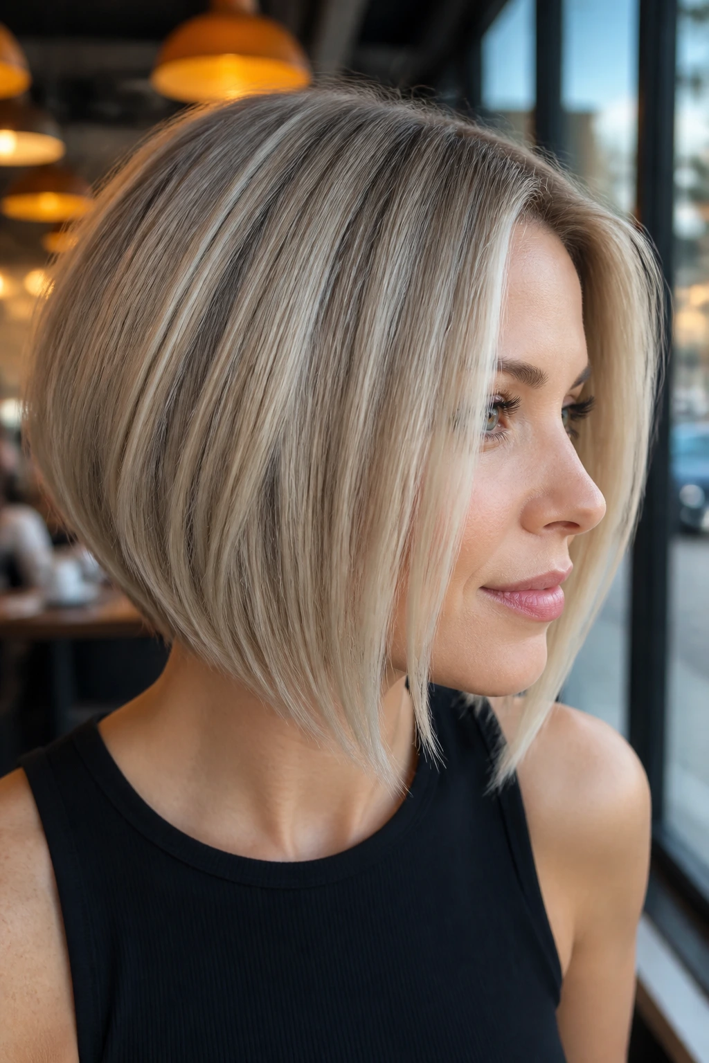 Real woman with an icy beige A-line bob and crisp front lift.