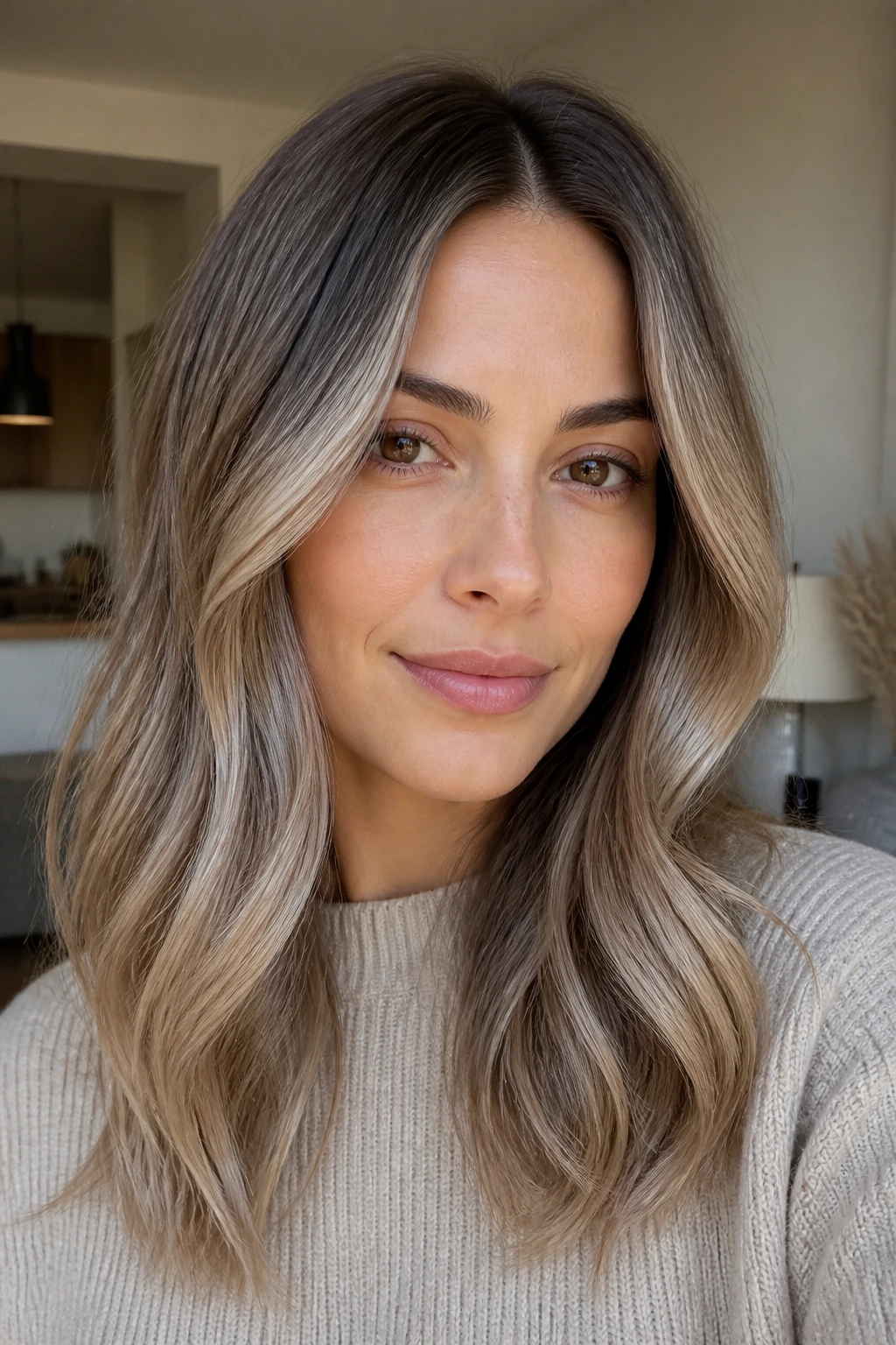 Portrait of a brunette with icy beige gloss and soft waves