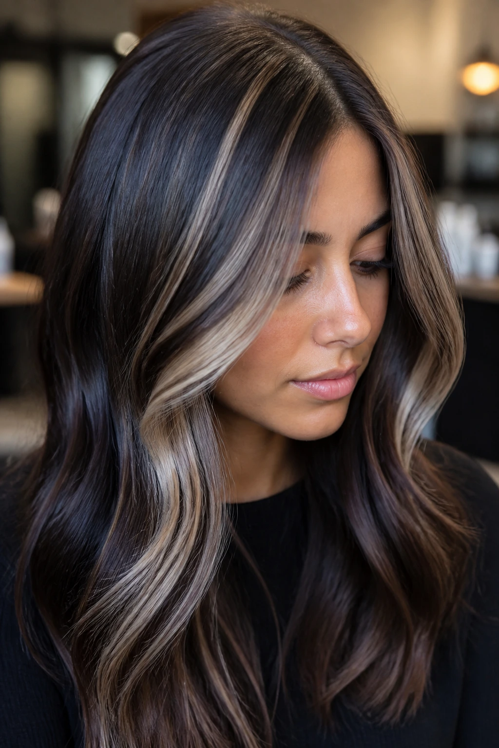 Deep brunette with icy beige panels at the top layer