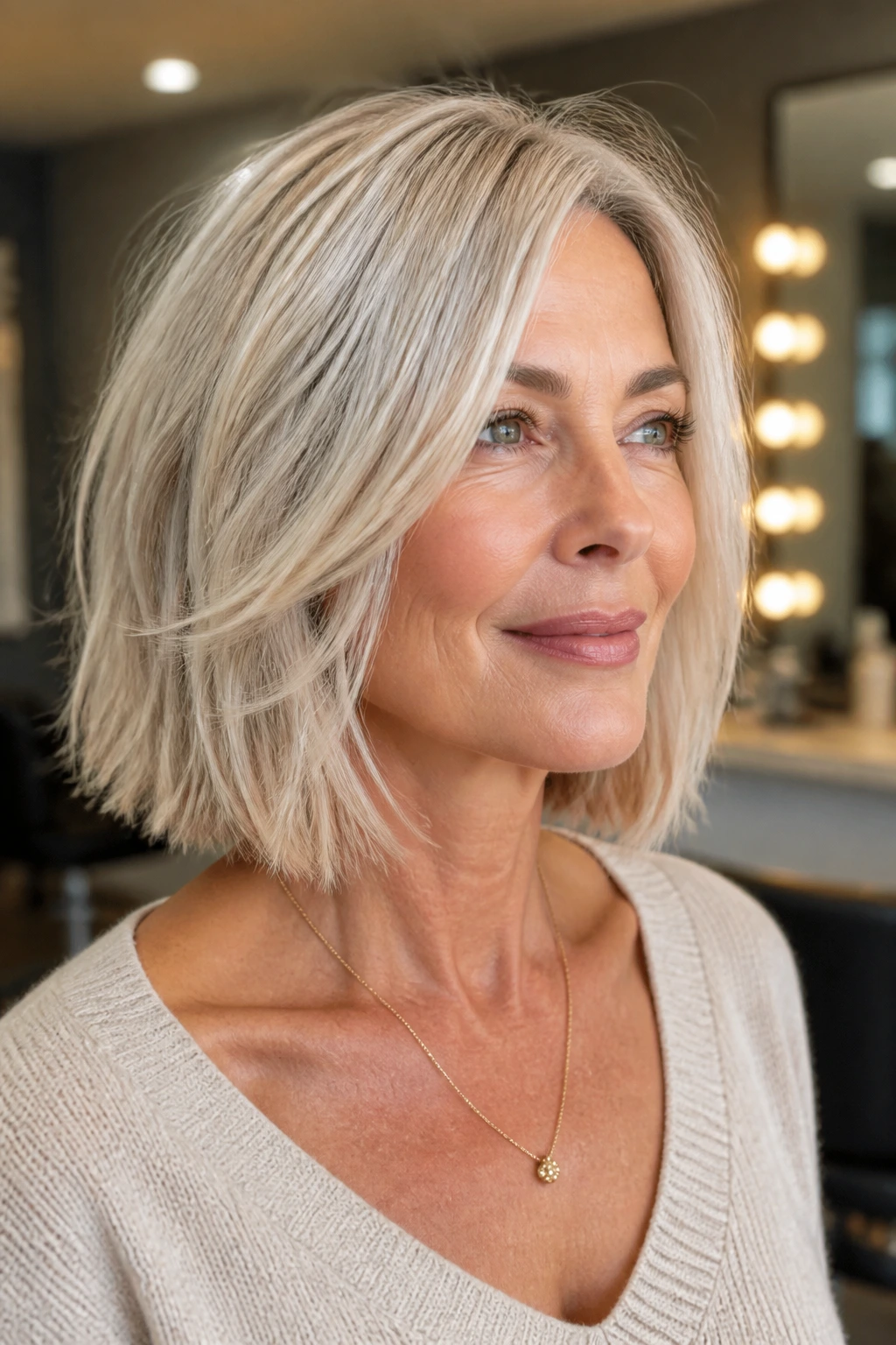 Real woman with icy beige piecey textured collarbone-length bob.