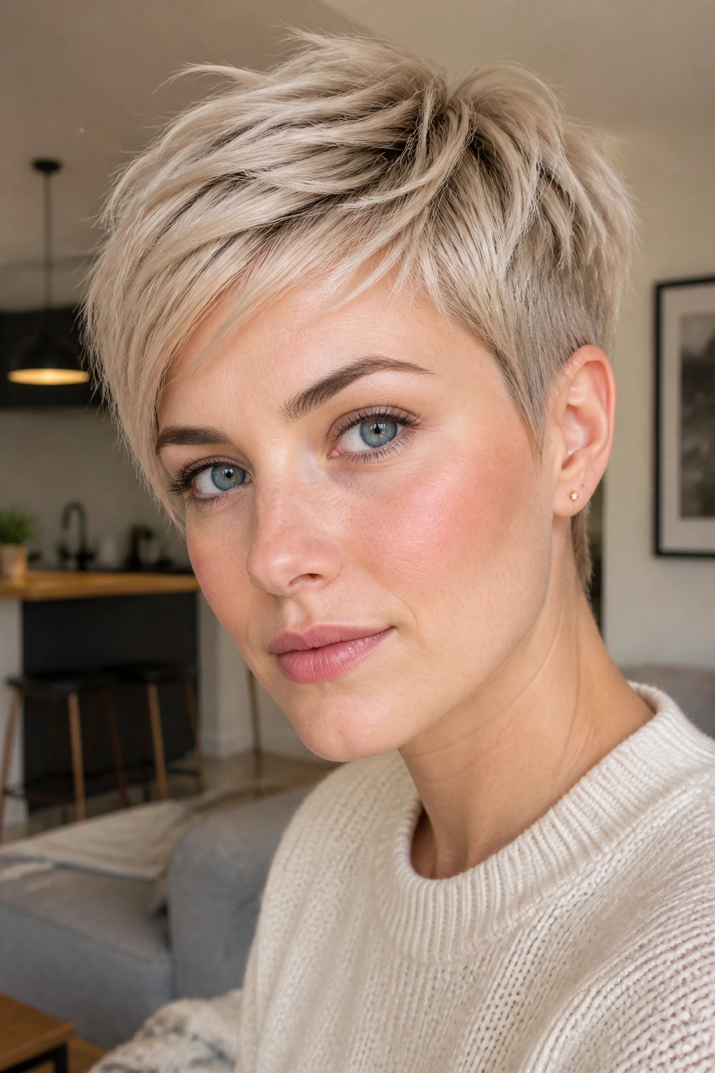 Close-up of a person with an icy beige pixie crop.