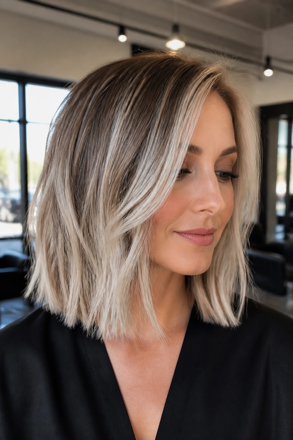 Real woman with long bob with icy beige ribbons balayage