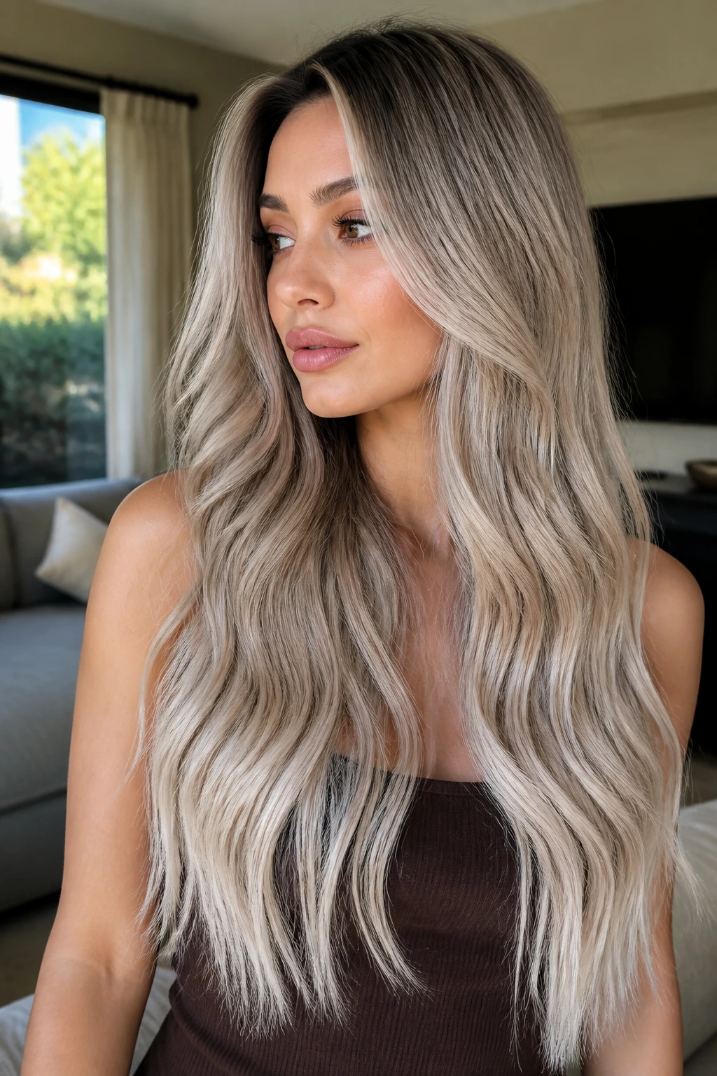 Close-up of a woman with icy beige waist-length waves on dark hair under soft window light