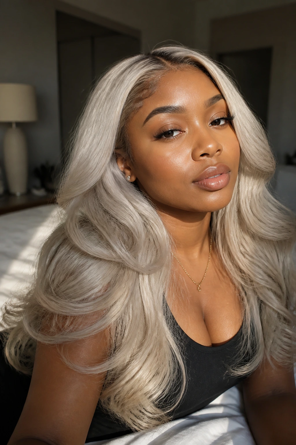 Portrait of a woman with icy ash-blonde hair and subtle root shadow.