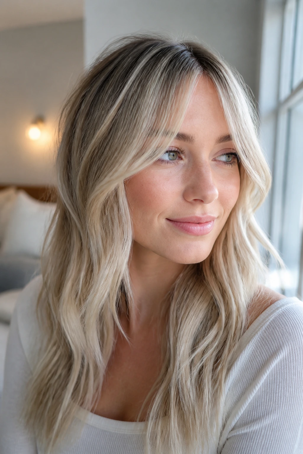 Close-up of a real woman with icy champagne balayage and split fringe