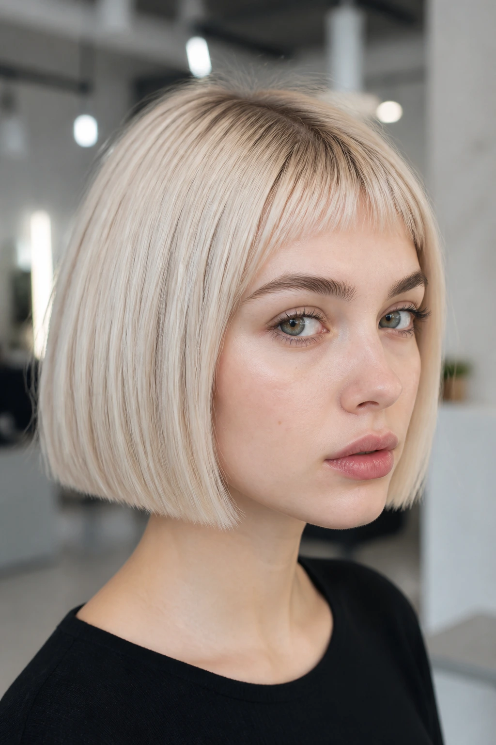 Real person with icy blonde blunt bob and micro bangs