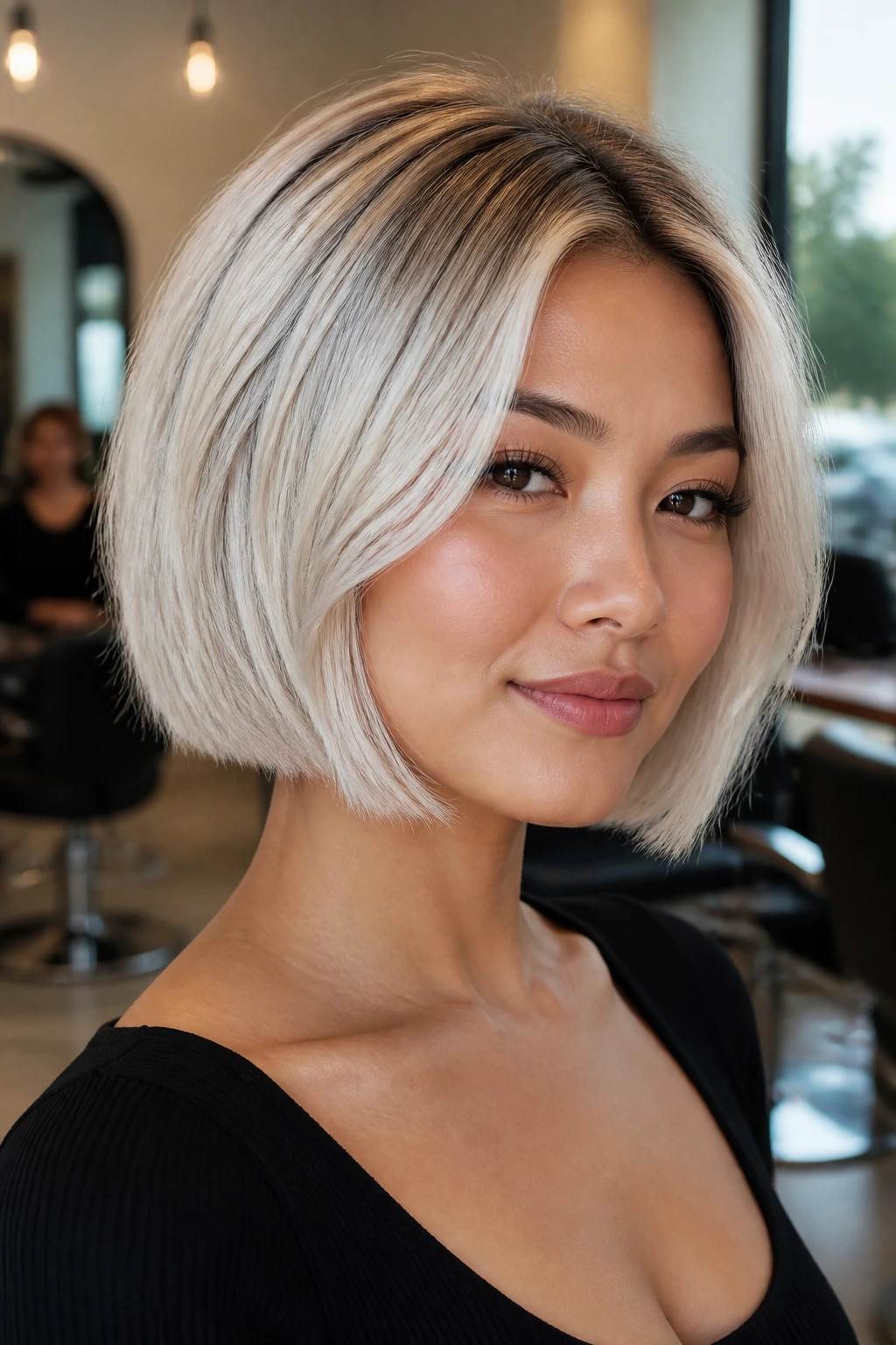 Portrait of a real woman with chin-length icy blonde bob and root shadow