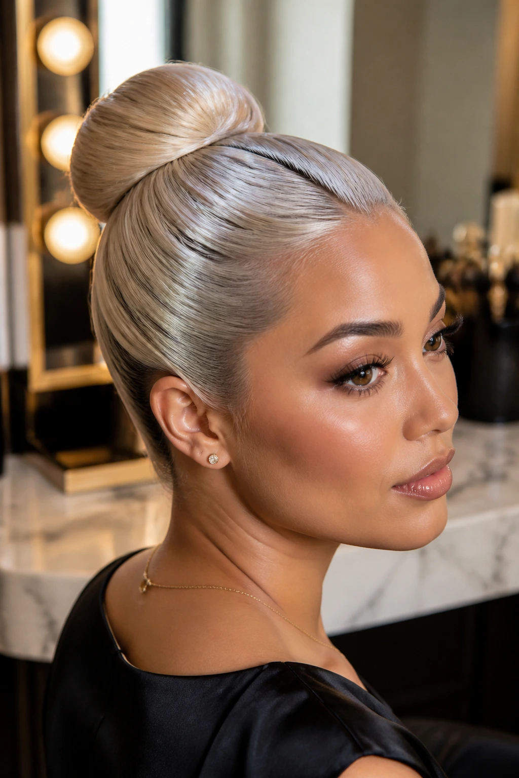 Close-up of a real woman with an icy blonde slick bun and glossy crown.