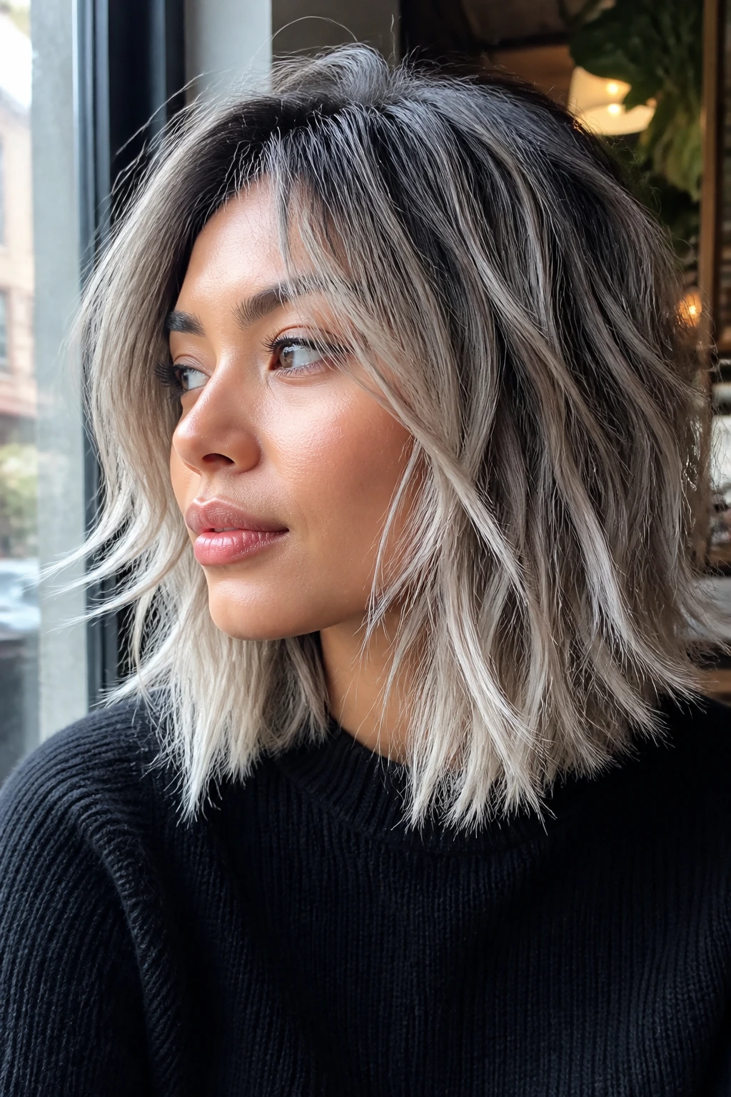 Portrait of a real woman with a choppy icy blond midlength cut and Arctic tips.