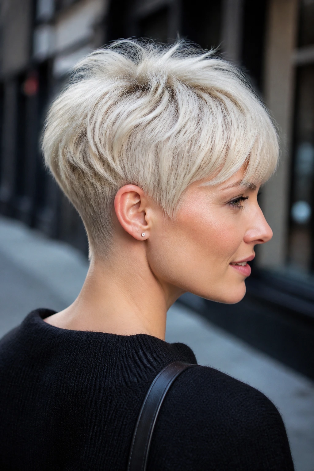 Real person with icy blonde crop, lifted crown, soft nape.