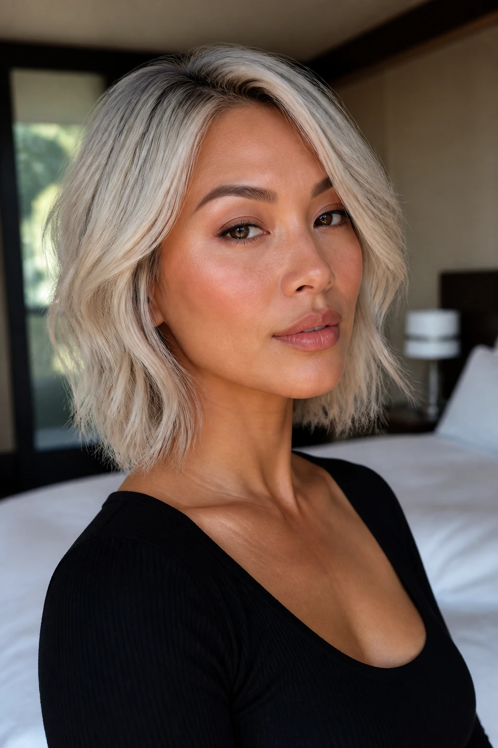 Close-up portrait of icy blonde hair framing a warm-toned face