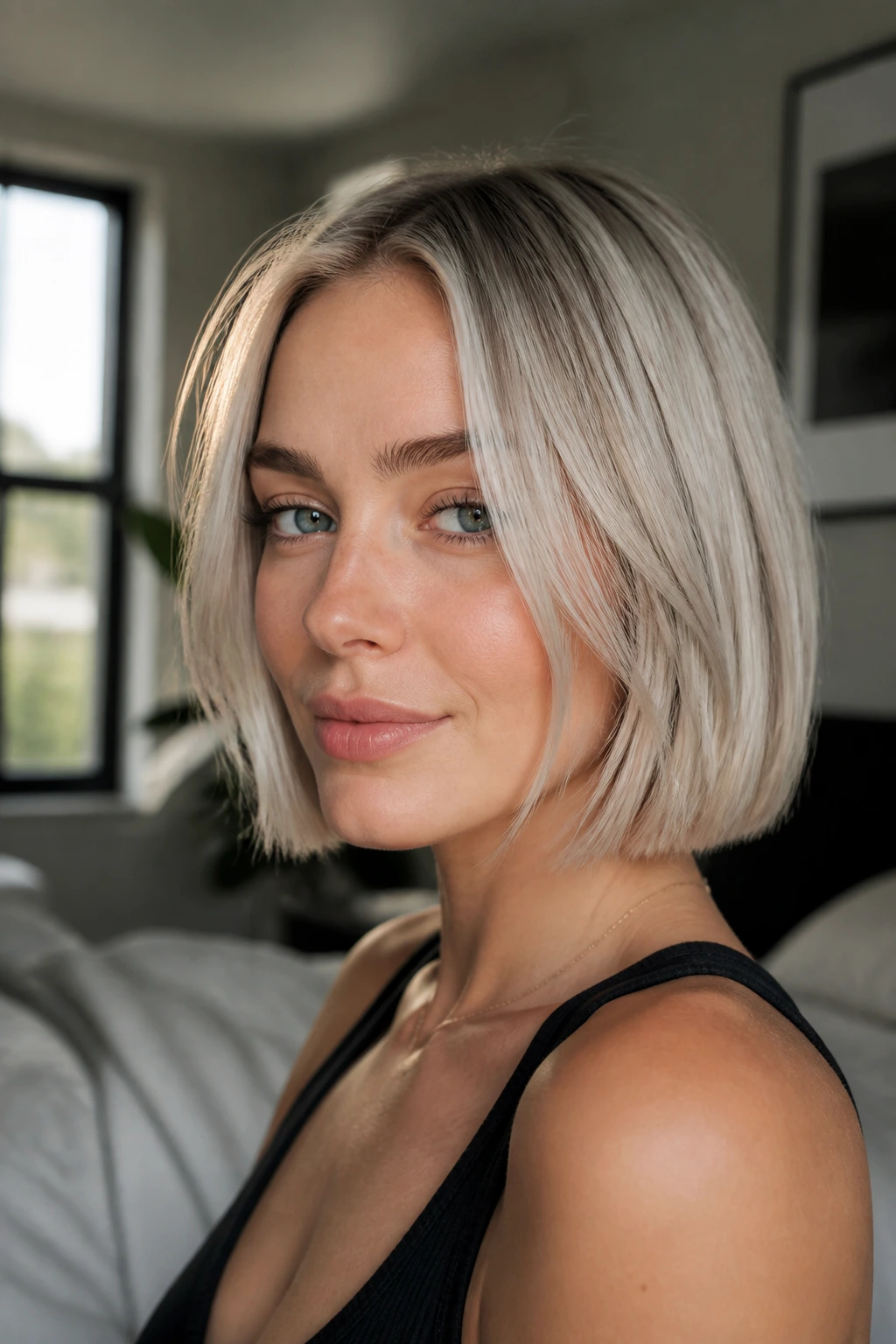 Close-up of a real woman with icy blonde fine-hair frosting in a blunt bob under soft window light