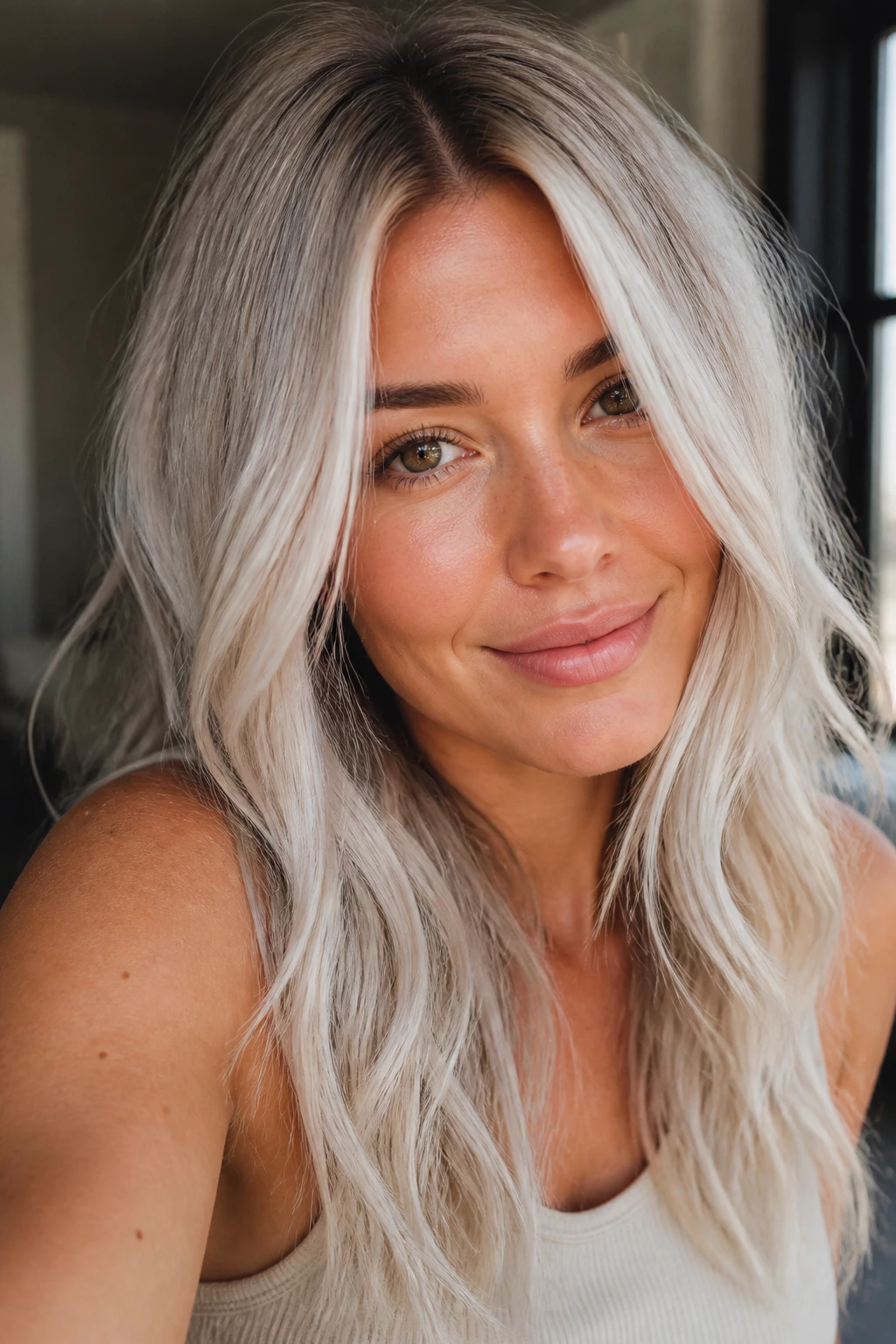 Close-up portrait of a real person with icy blonde hair featuring root shadow and face-framing highlight