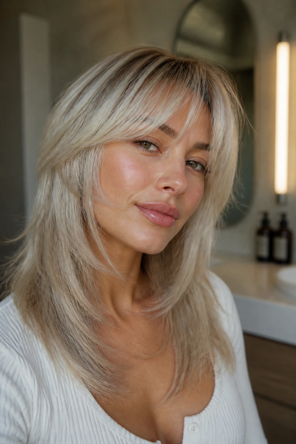 Close-up of a real woman with neutral-icy blonde layered cut and airy fringe