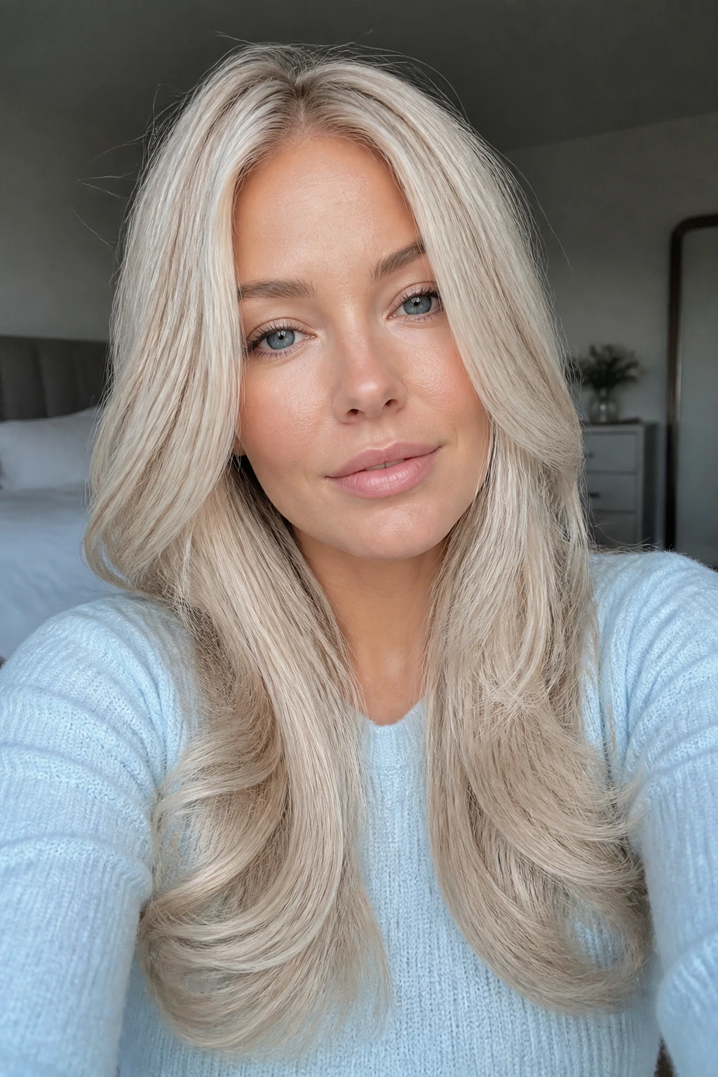 Close-up portrait of a real woman with Nordic Long Layers featuring icy blonde hair and lifted ends