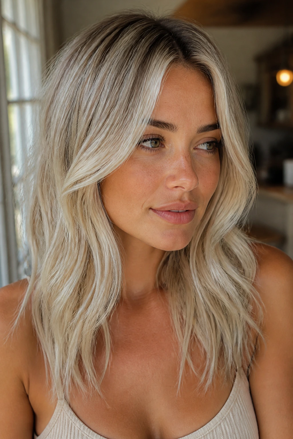 Portrait showing icy blonde hair with warm undertones on a real person