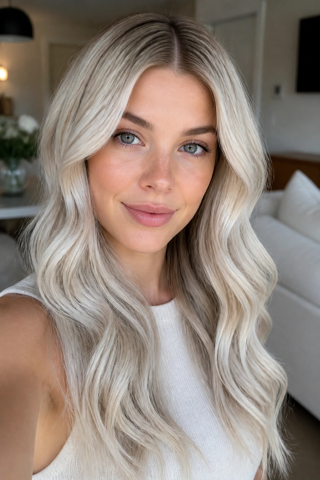 Real woman with frosted icy blonde waves and middle part