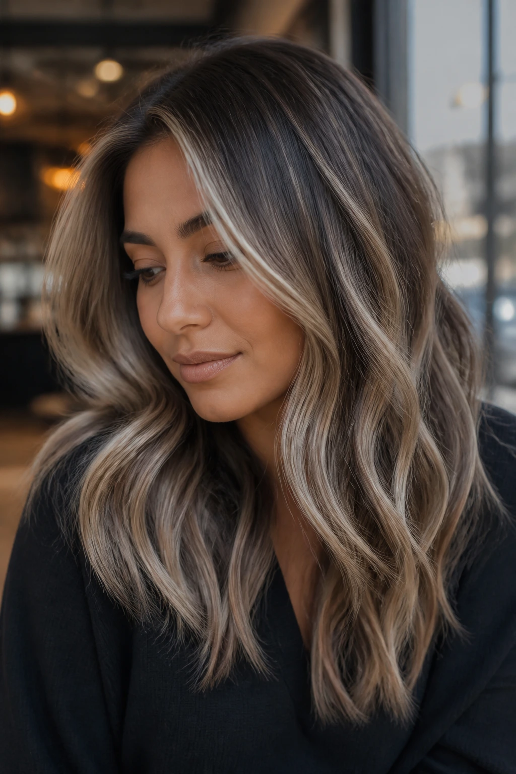 Close-up of a real person with icy bronde ribboning hair