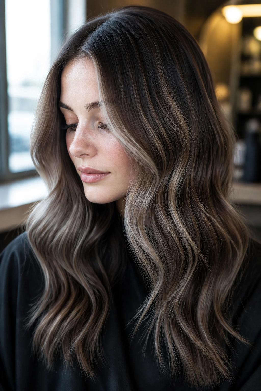 Close-up portrait of a real woman with icy brown balayage hair highlighting ash tones