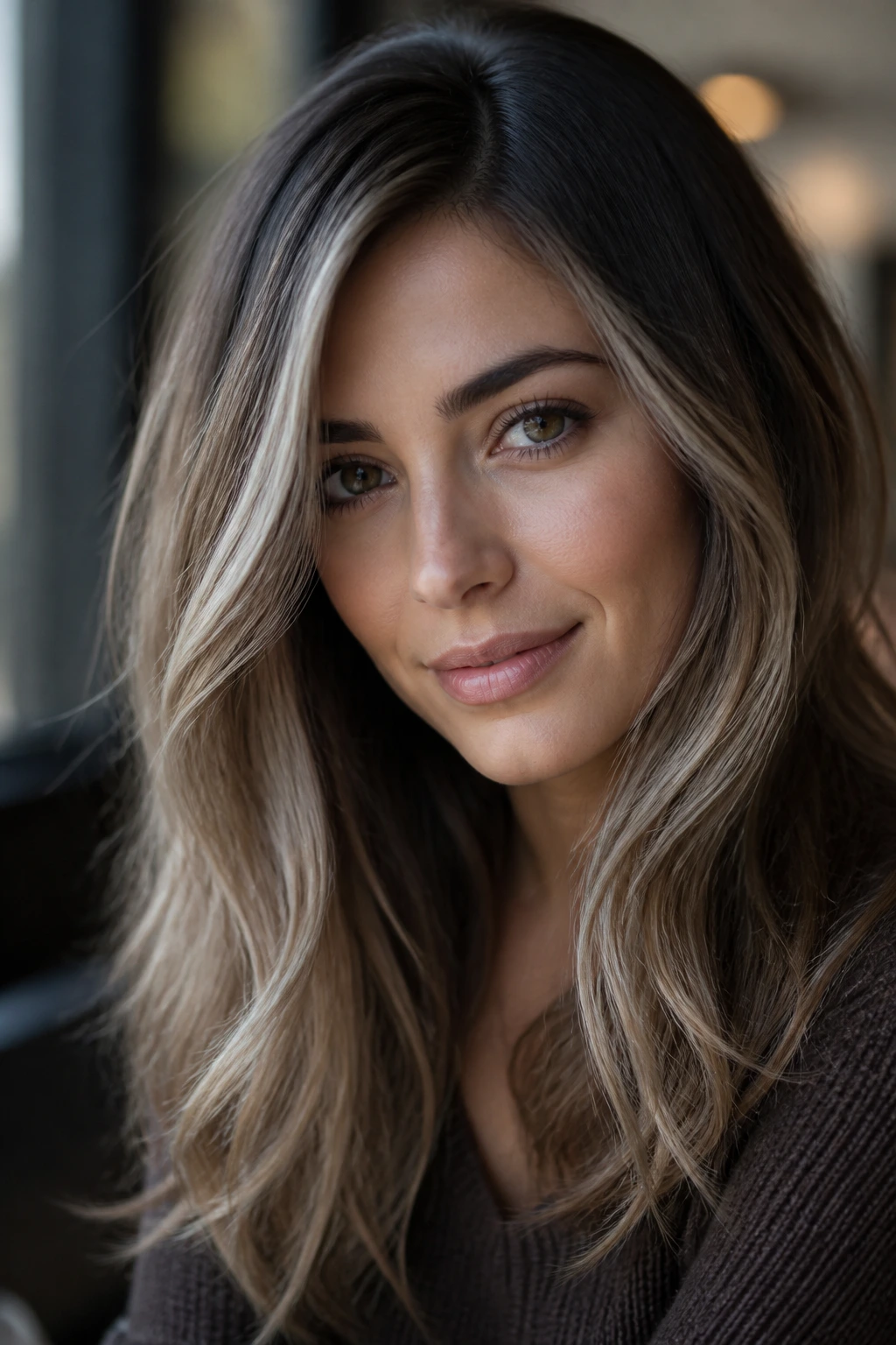 Close-up of a real woman with icy brunette balayage and ash highlights