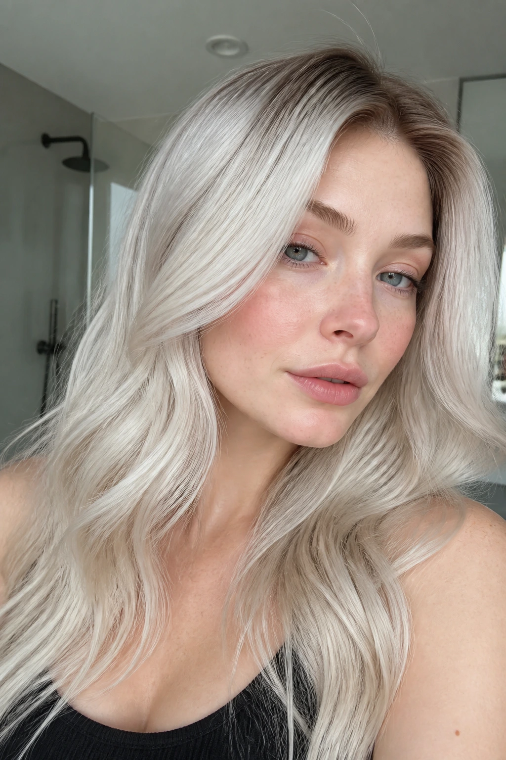 Porcelain-skinned model with icy champagne platinum hair and dark root melt