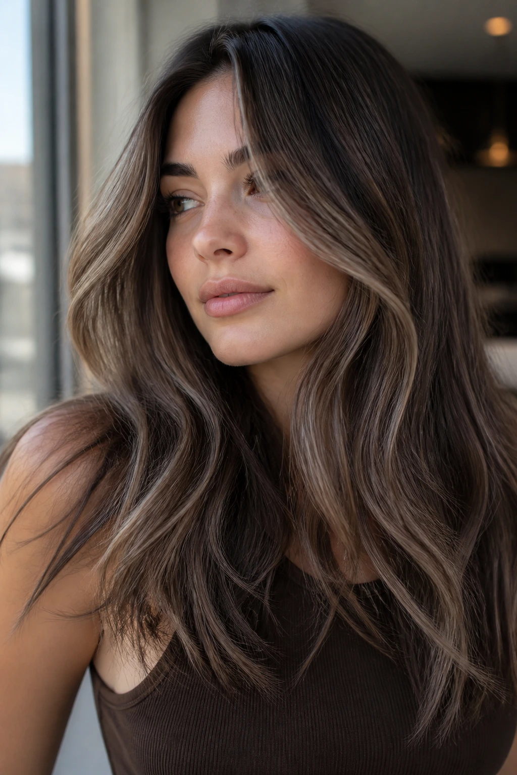 Close-up of a real brunette with icy cocoa balayage; cool base with icy light pieces through mid-lengths and ends.