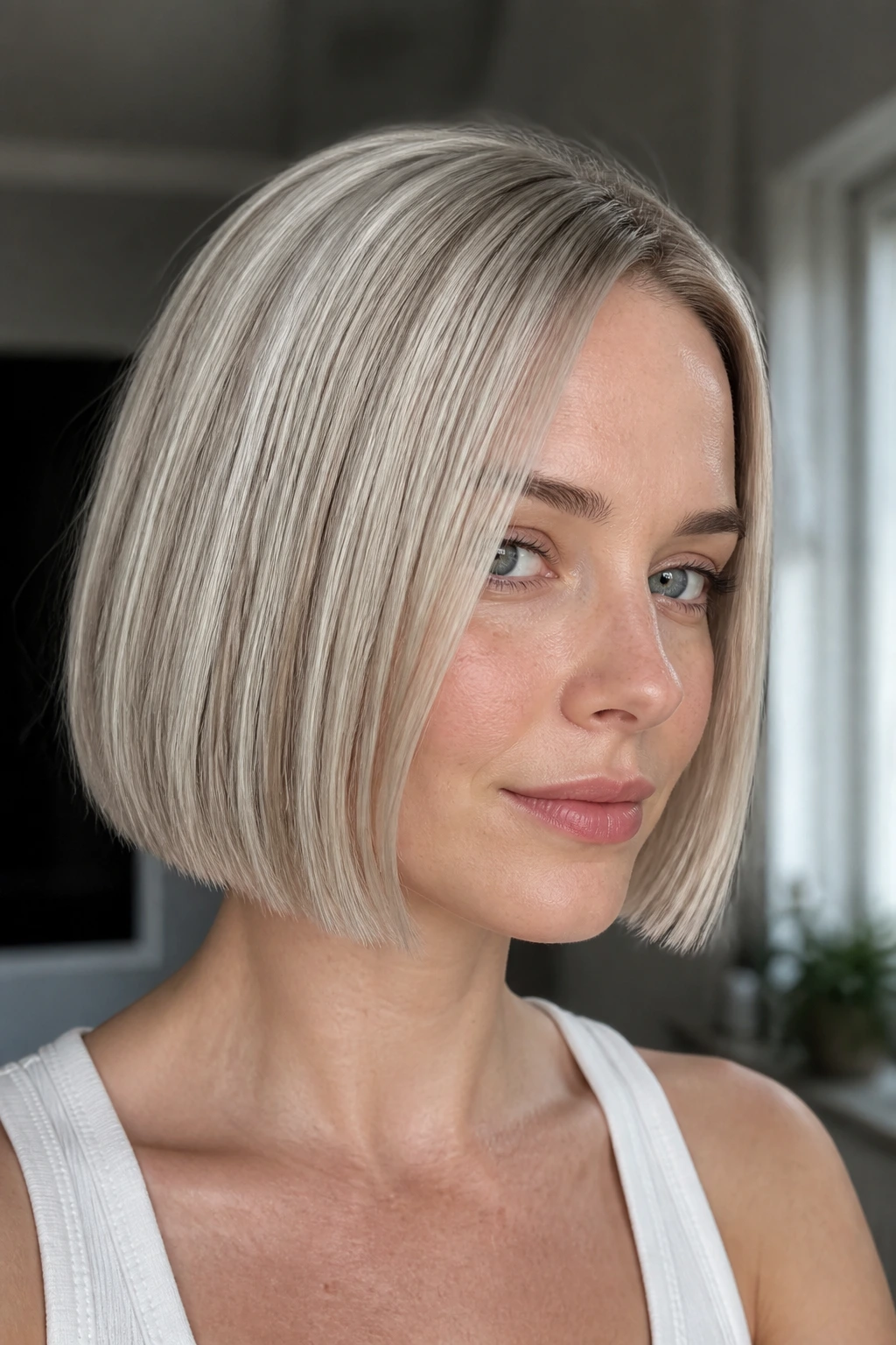 Close-up of a real woman with icy cream blonde hair and pewter lowlights in a blunt bob