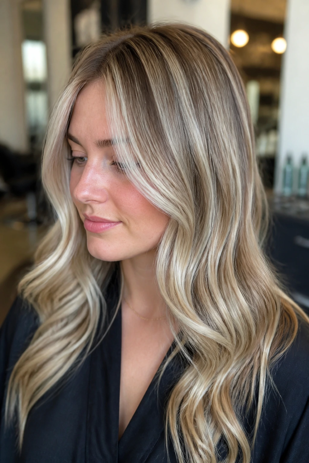 Close-up portrait of a real woman with icy cream weave highlights