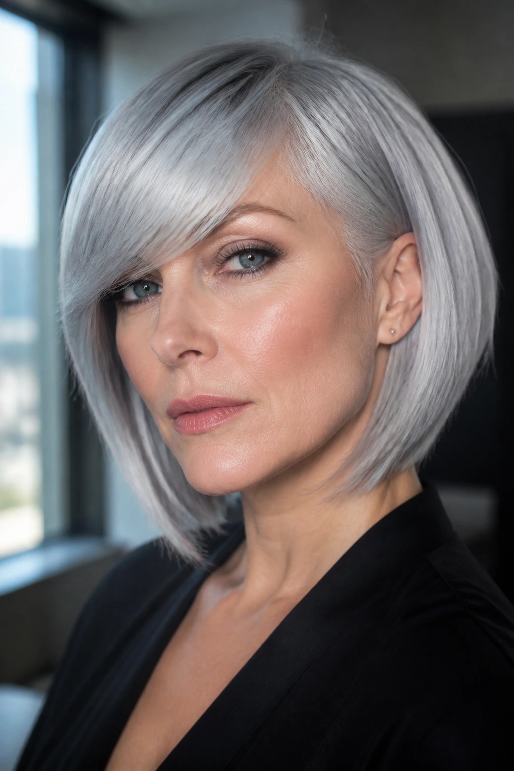 Close-up of a woman with ultra-icy silver-grey hair and a sharp fringe