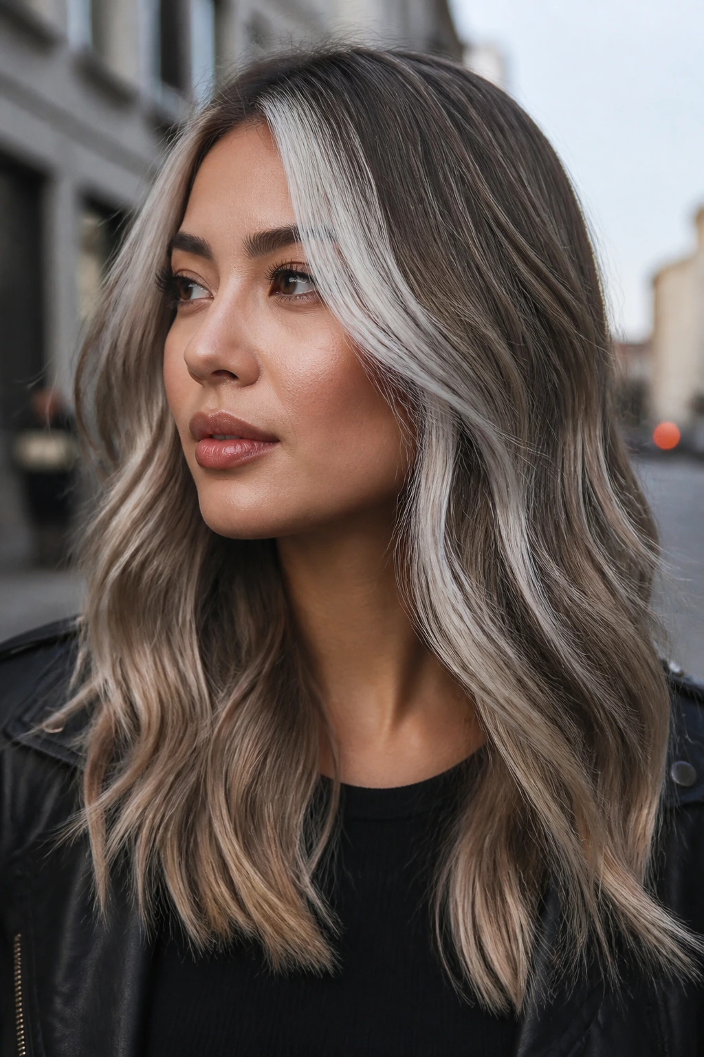 Close-up of a real woman with icy front streaks and ash-beige hair