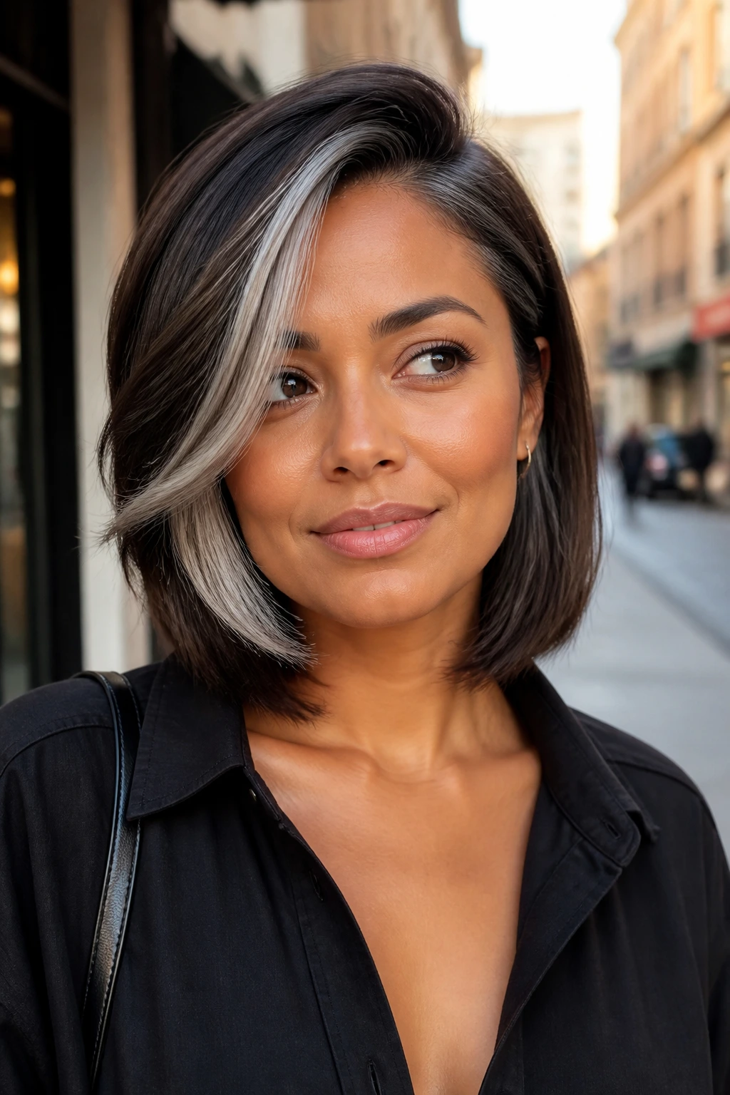 Portrait of a person with icy grey face-framing hair in a side-swept lob on tan skin