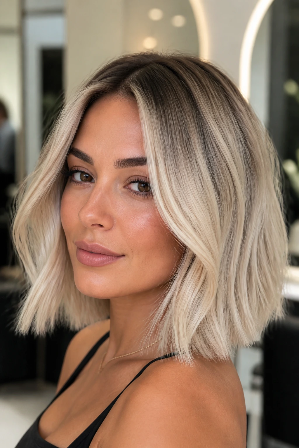 Close-up of a real woman with icy lob and shadow root in natural light
