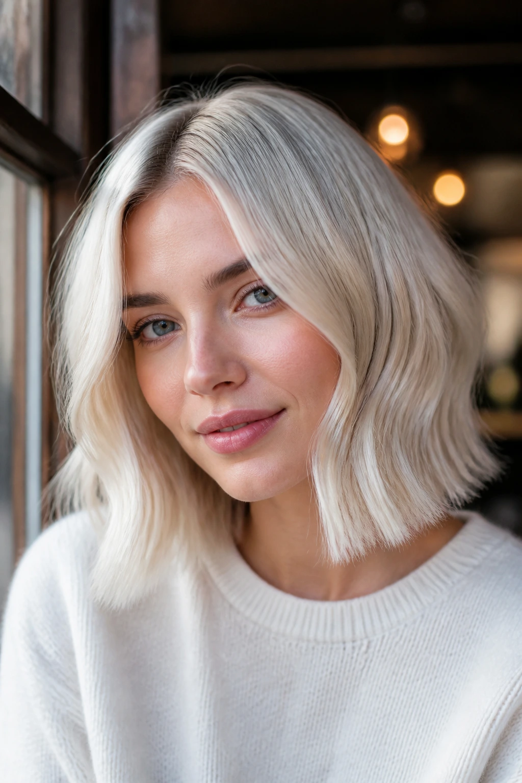 Real woman with an icy lob and soft ends in cafe daylight