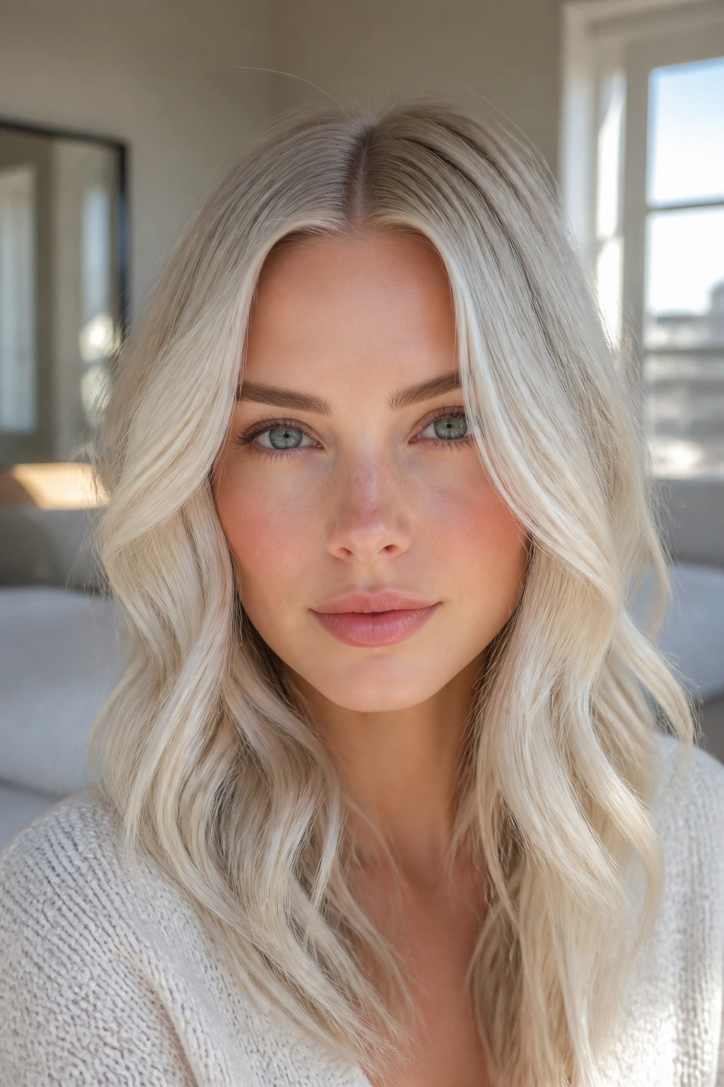 Portrait of a real person with an icy middle-part and loose beachy waves