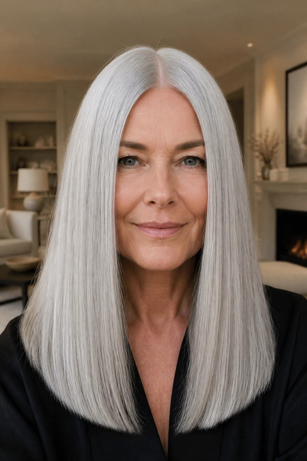 Portrait of a person with icy minimalist long gray hair and centered part