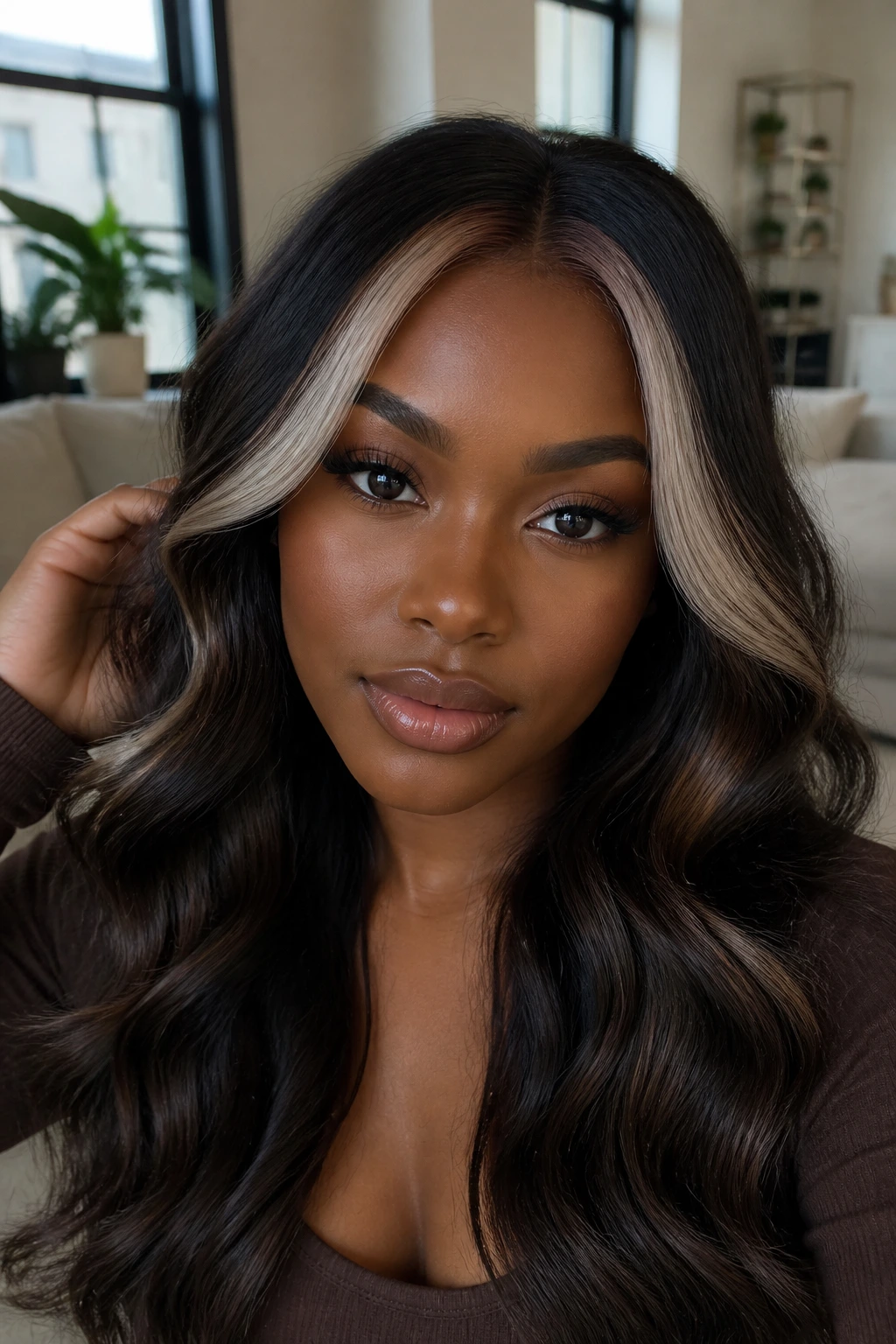 Close-up of deep skin with icy money pieces at the front of deep brunette waves.