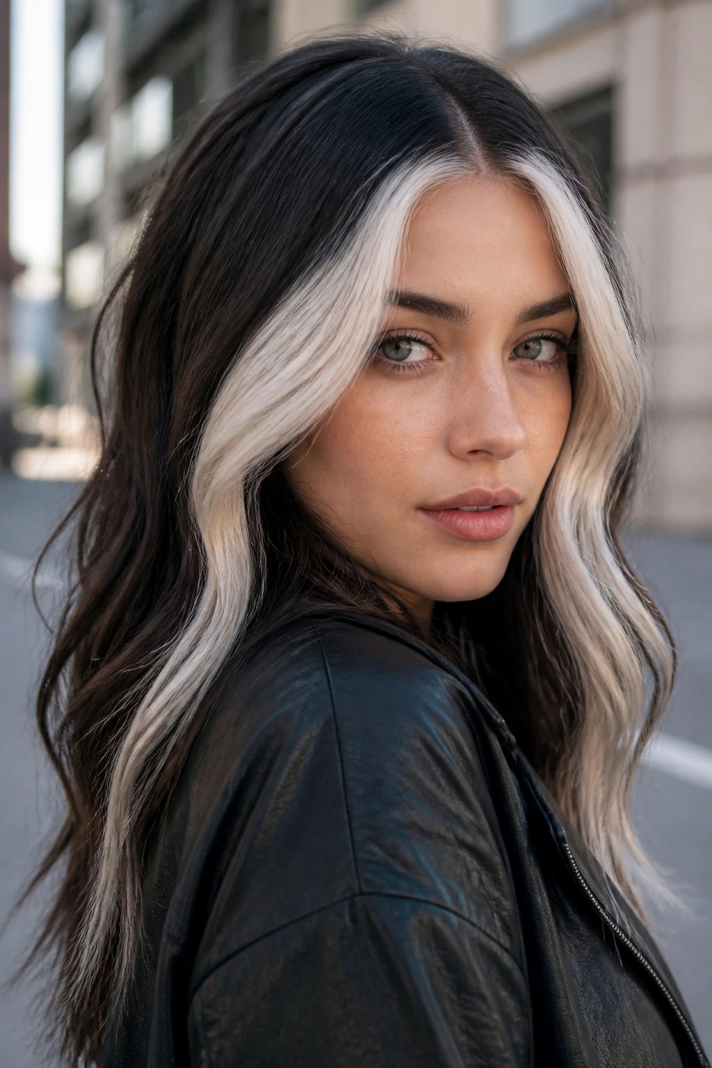 Close-up of icy money pieces framing the face on a dark-base platinum hairstyle