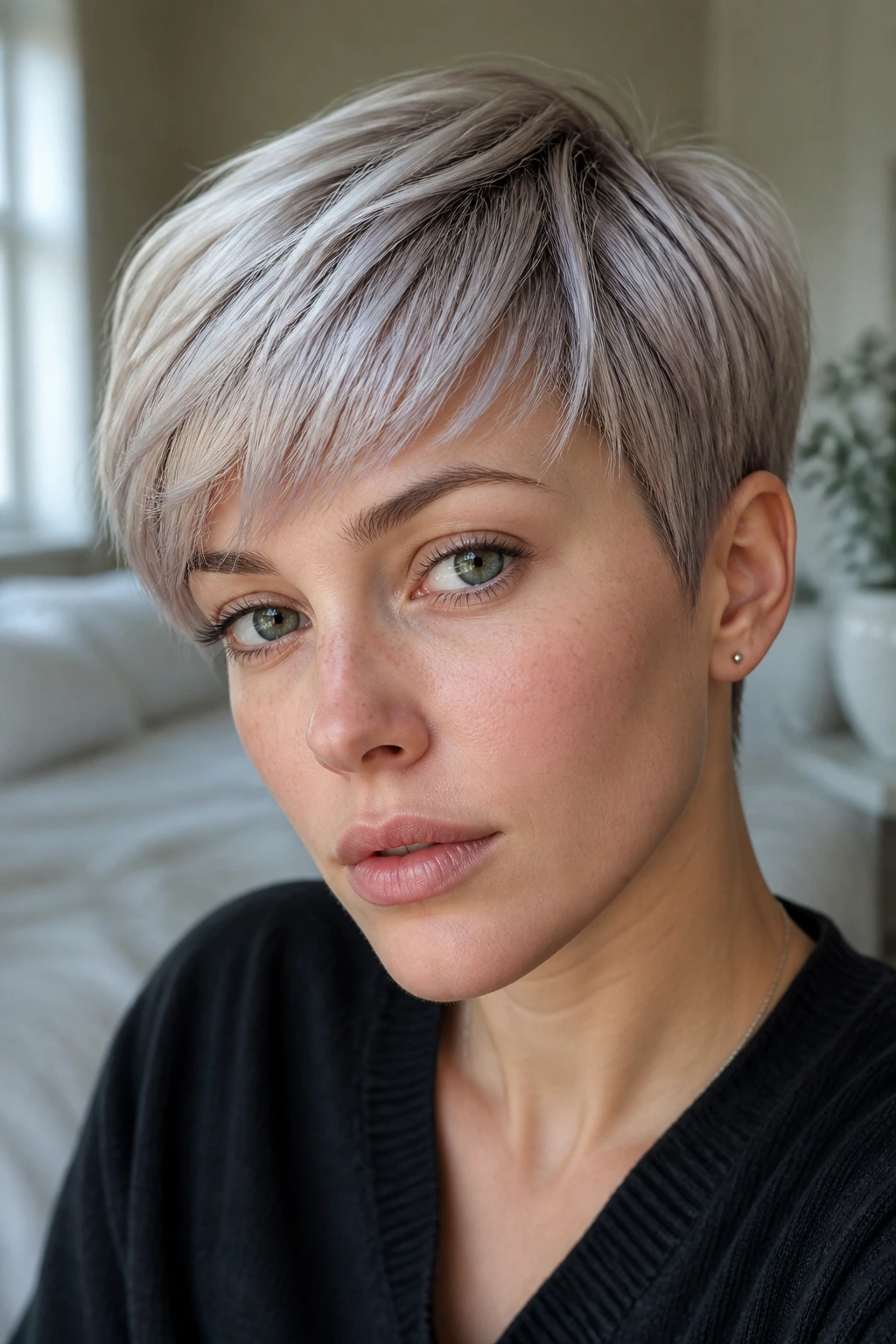 Close-up of a woman with an icy mushroom pixie hairstyle in natural light