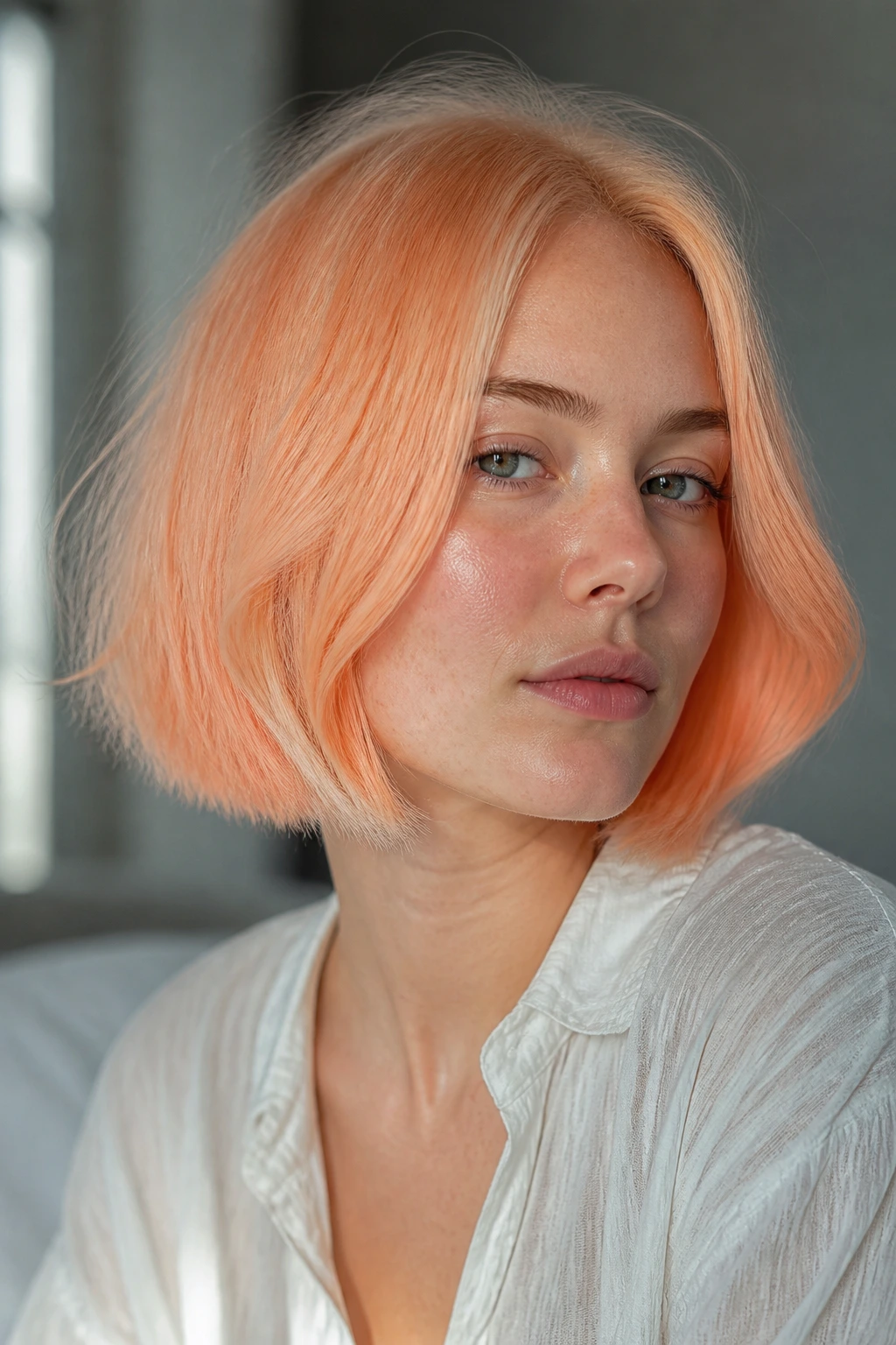 Real-person close-up of icy papaya peach bob hairstyle