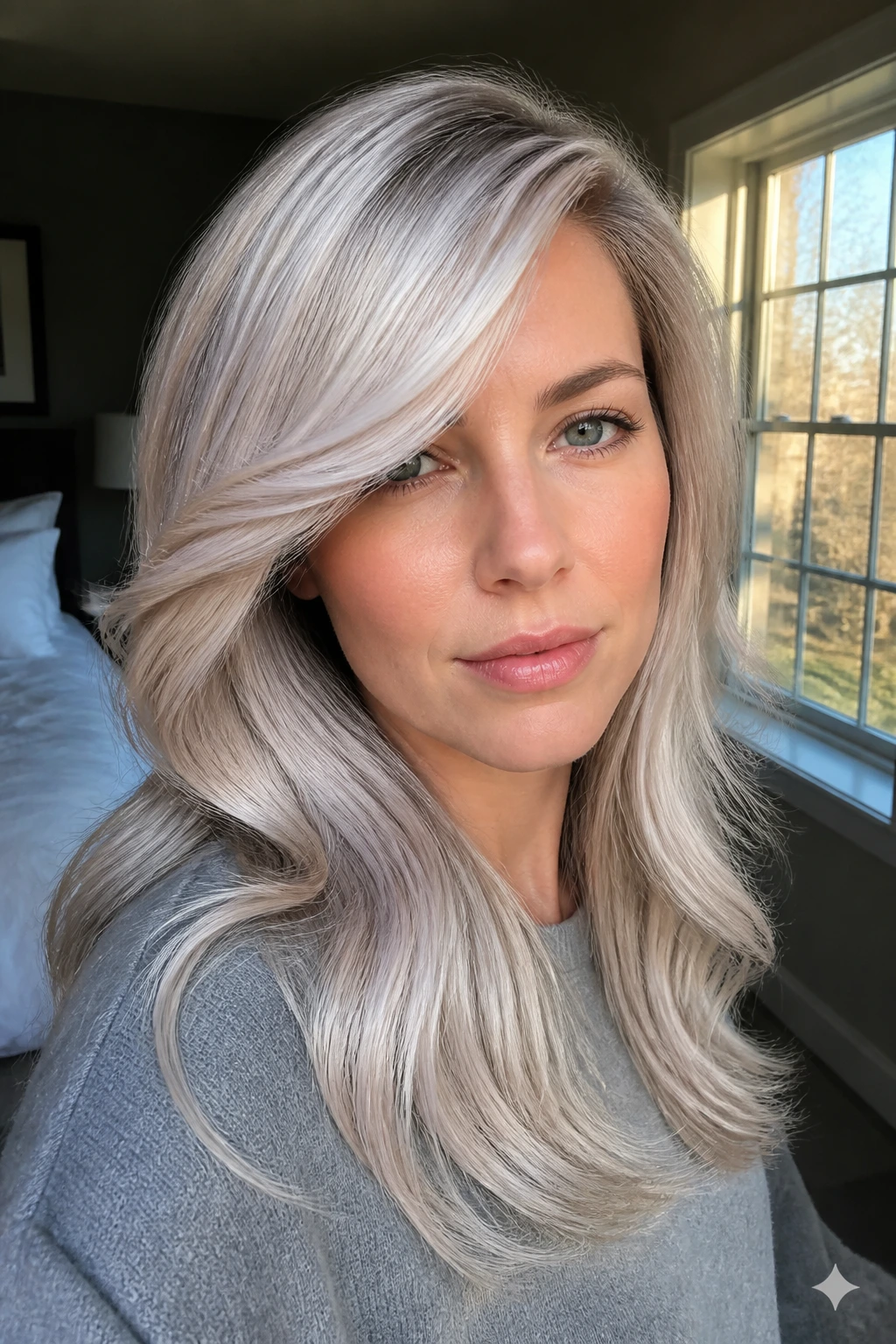 Close-up of a real woman with icy pearl blonde balayage and side-swept bangs.
